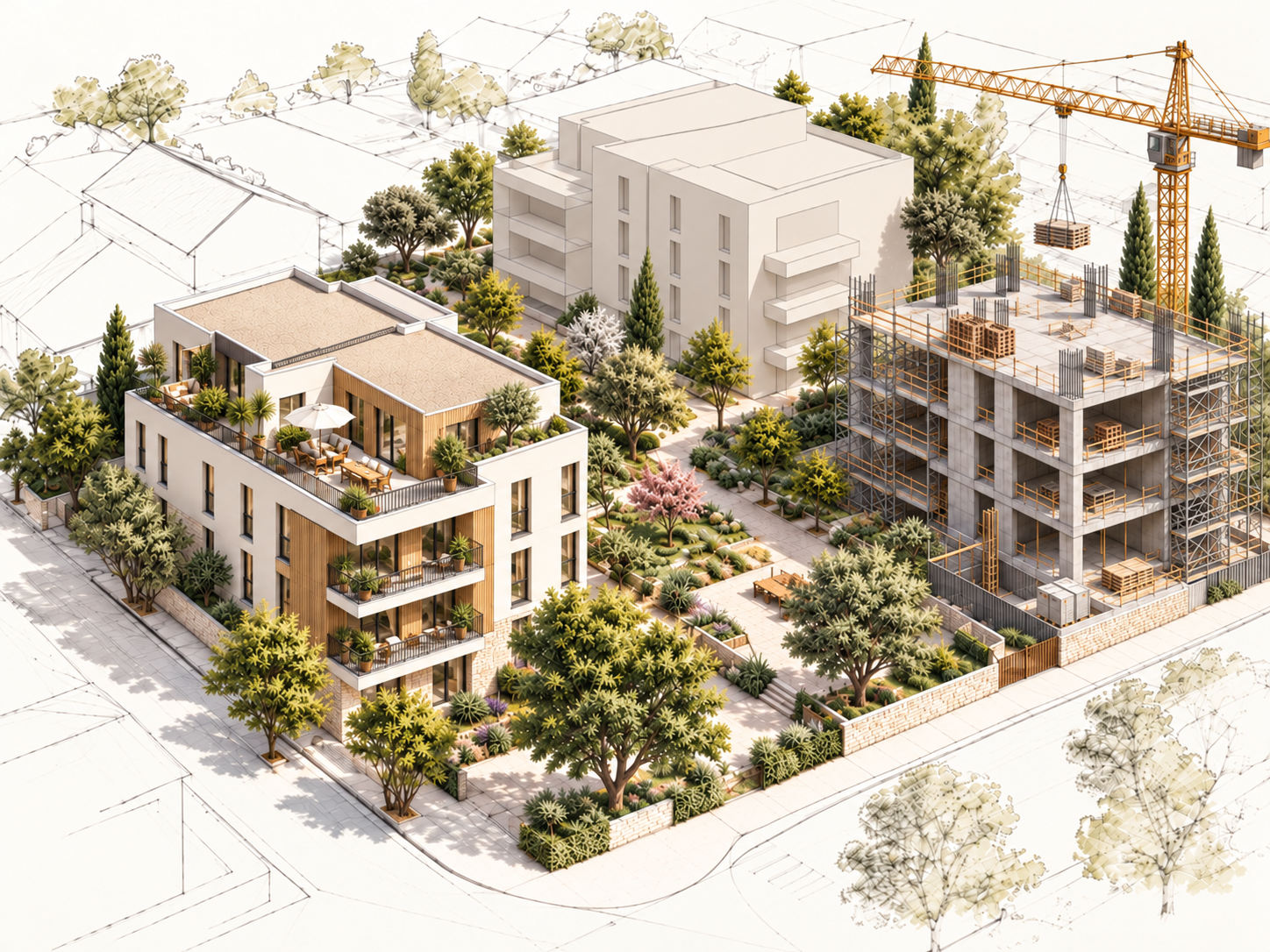 Illustration d'origine reprise de la capture du site : logements, jardins et immeuble en chantier